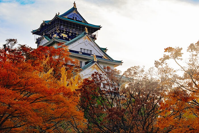 大阪城の天守閣を囲む紅葉