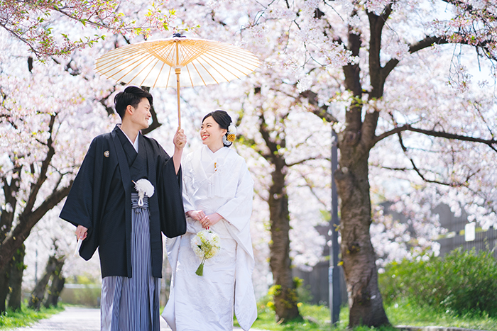 大阪の桜並木で和装前撮り
