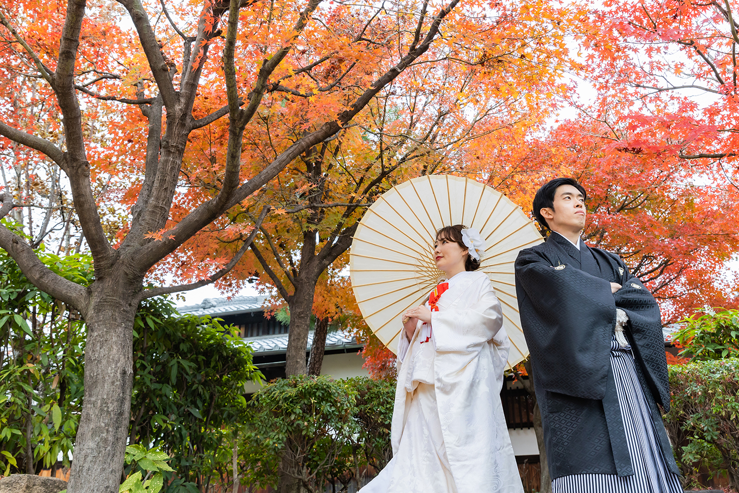 紅葉の中にいるような和装前撮りショット